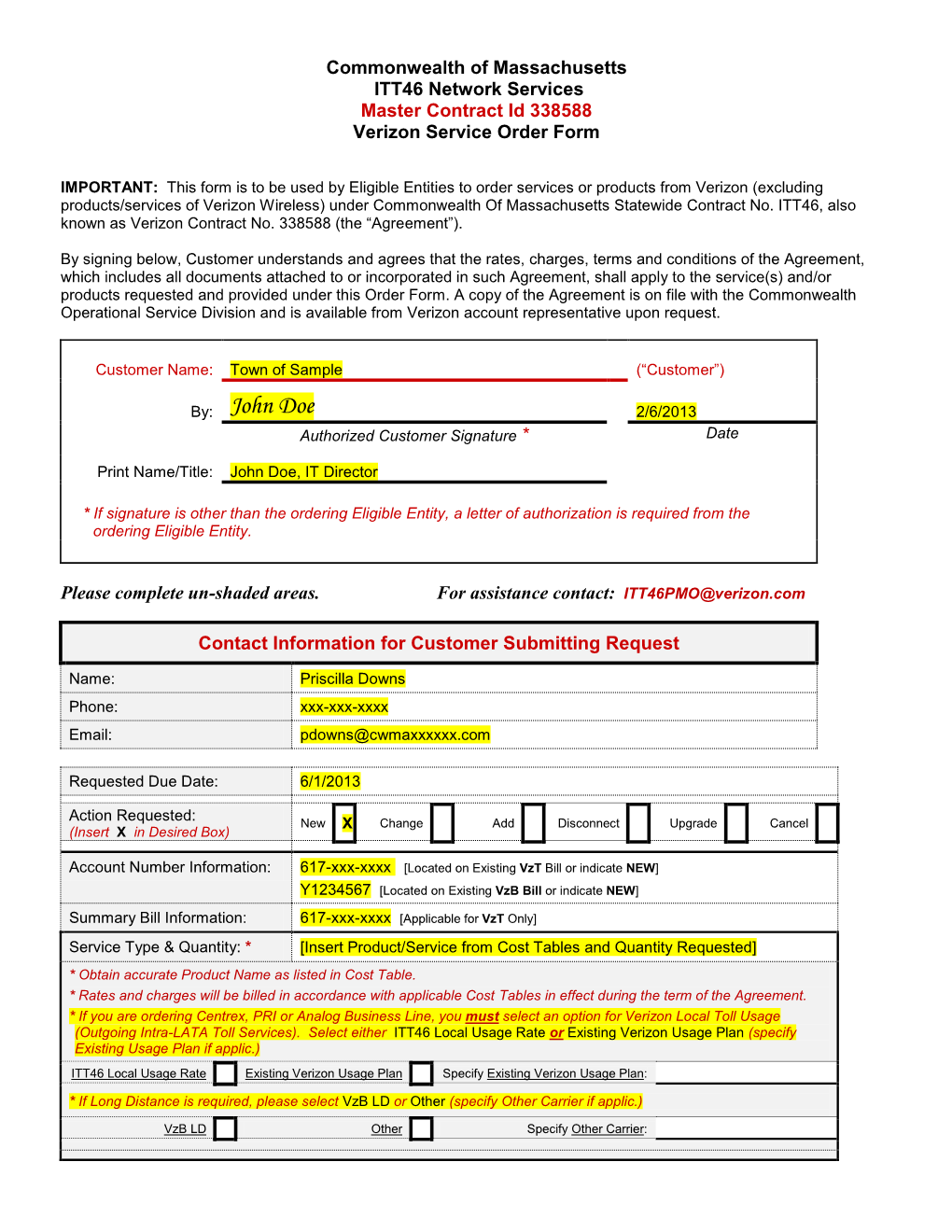 Master Contract Id 338588 Verizon Service Order Form