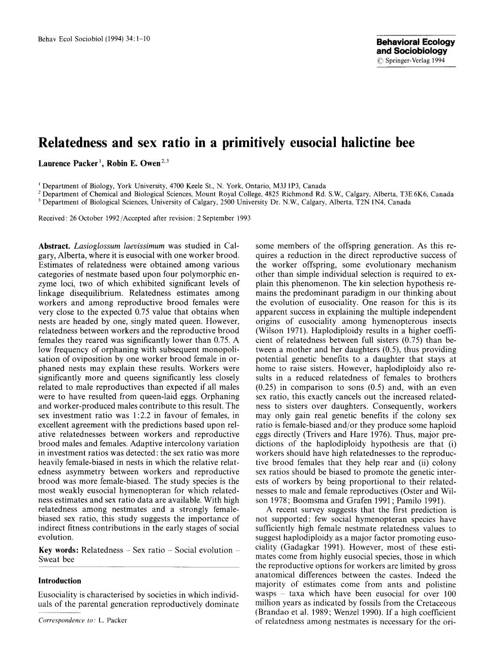 Relatedness and Sex Ratio in a Primitively Eusocial Halictine Bee