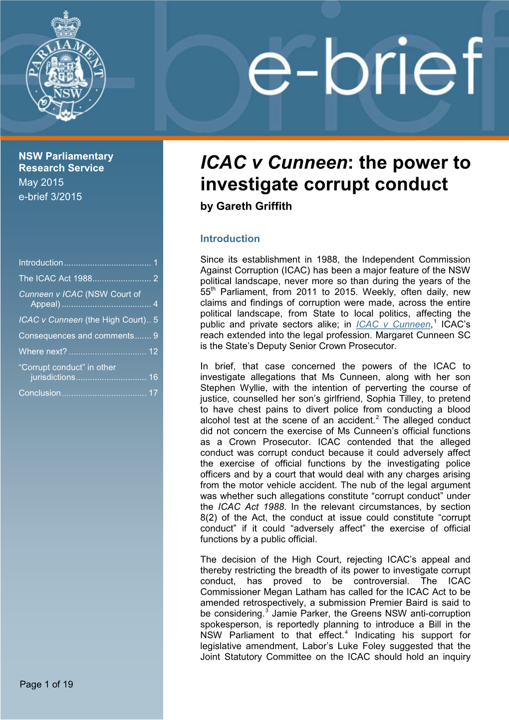 ICAC V Cunneen: the Power to Investigate Corrupt Conduct