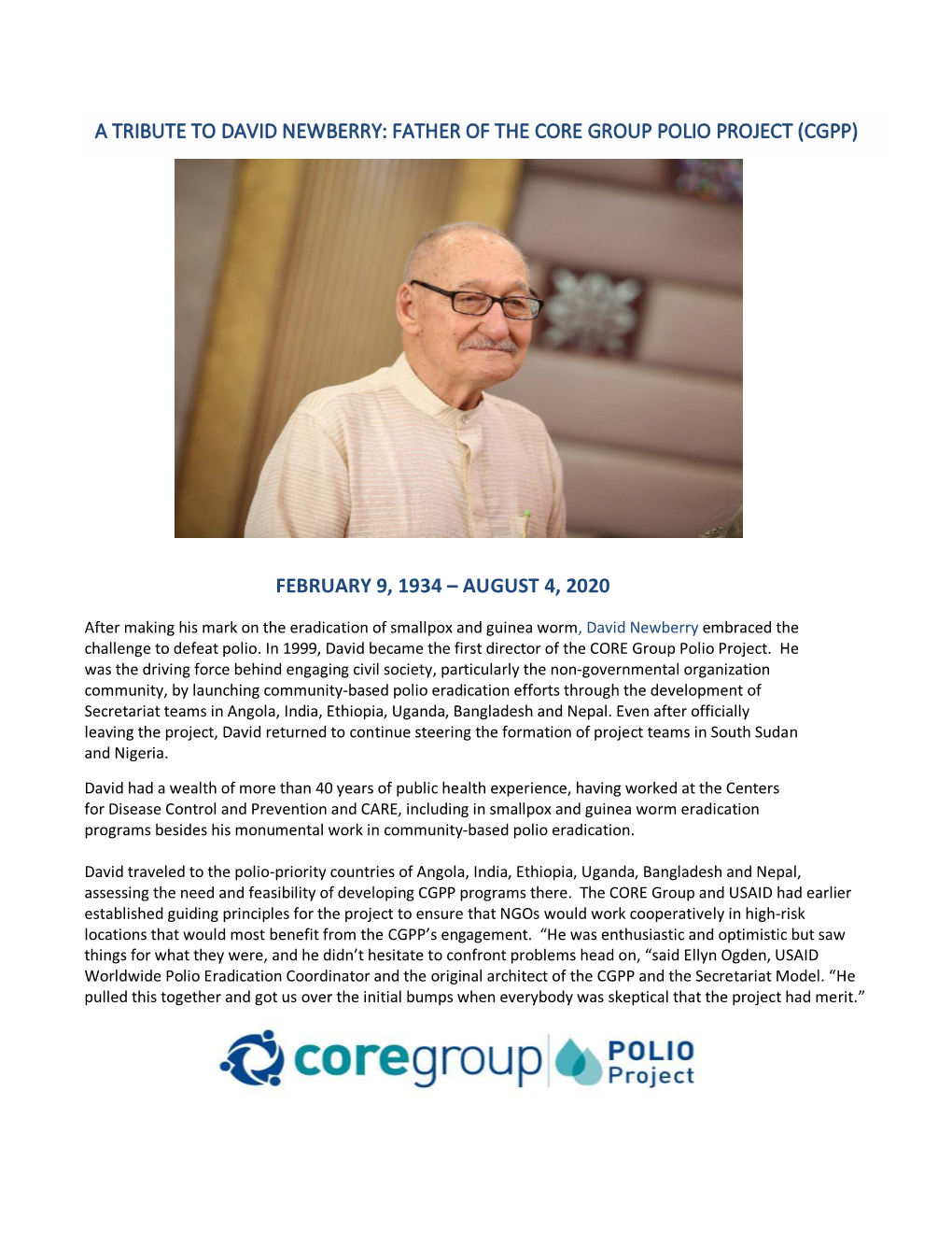 A Tribute to David Newberry: Father of the Core Group Polio Project (Cgpp)
