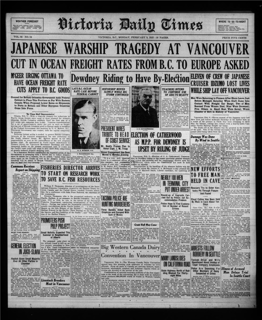 Japanese Warship Tragedy at Vancouver Cut in Ocean Freight Rates from B.C