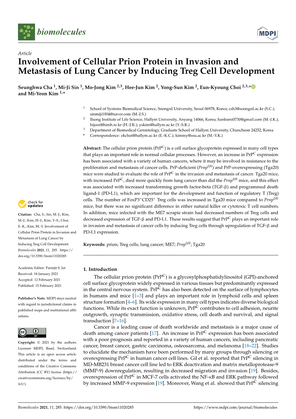 Involvement of Cellular Prion Protein in Invasion and Metastasis of Lung Cancer by Inducing Treg Cell Development