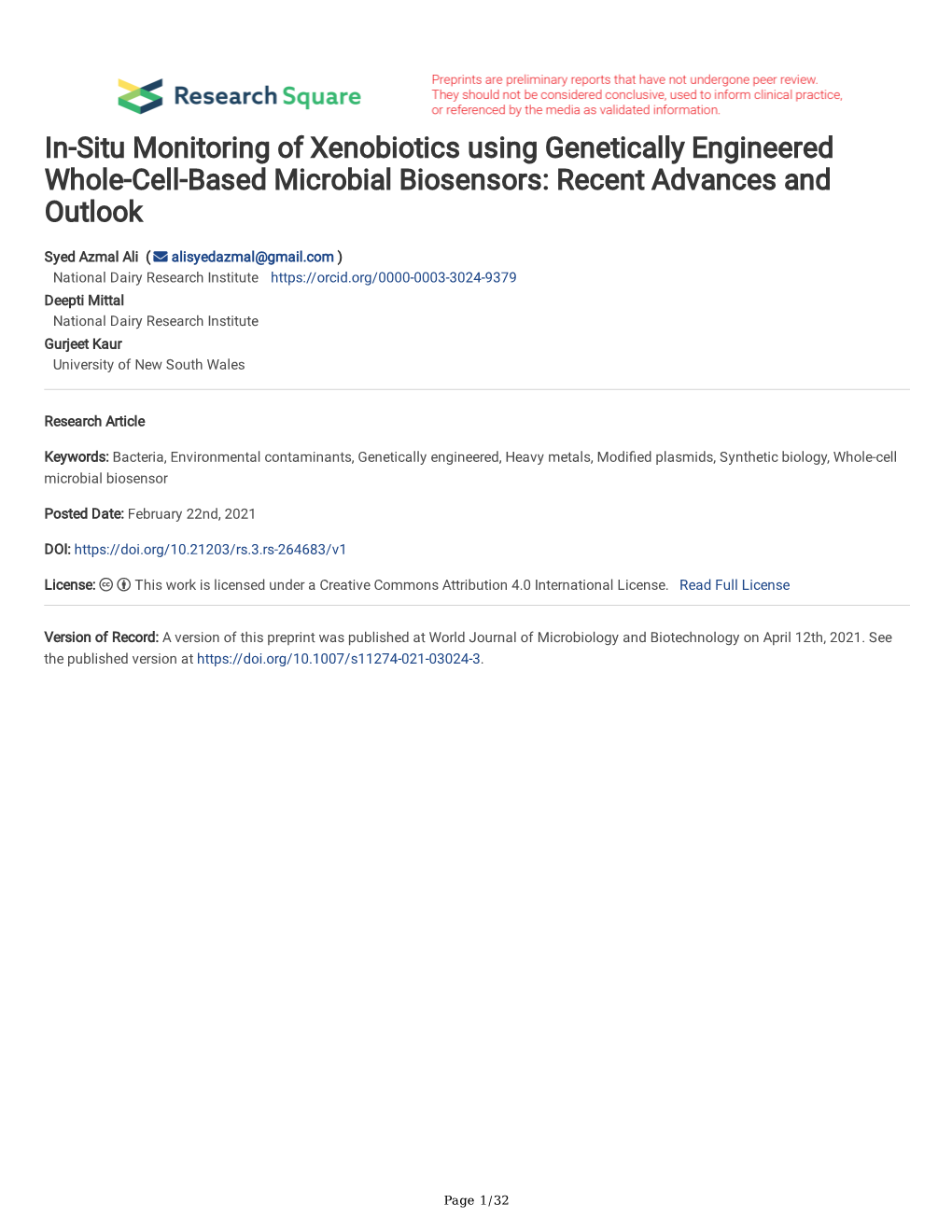 In-Situ Monitoring of Xenobiotics Using Genetically Engineered Whole-Cell-Based Microbial Biosensors: Recent Advances and Outlook