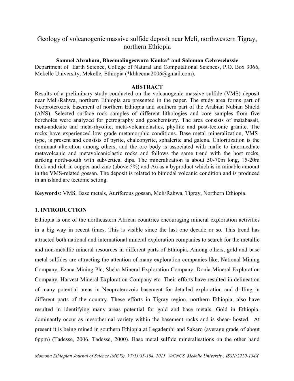 Geology of Volcanogenic Massive Sulfide Deposit Near Meli, Northwestern Tigray, Northern Ethiopia