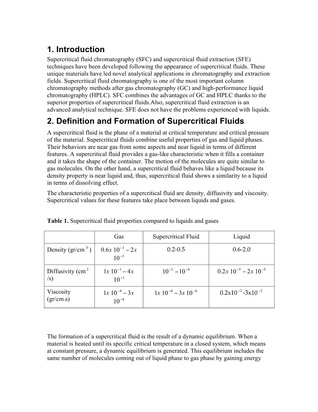 1. Introduction 2. Definition and Formation of Supercritical Fluids