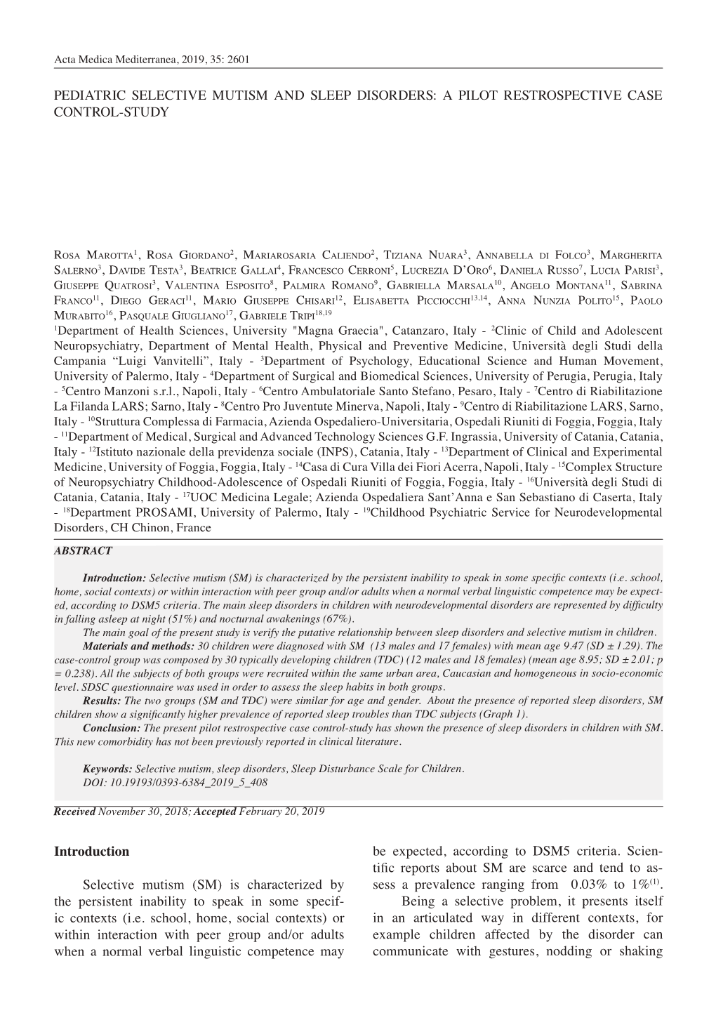 Pediatric Selective Mutism and Sleep Disorders: a Pilot Restrospective Case Control-Study