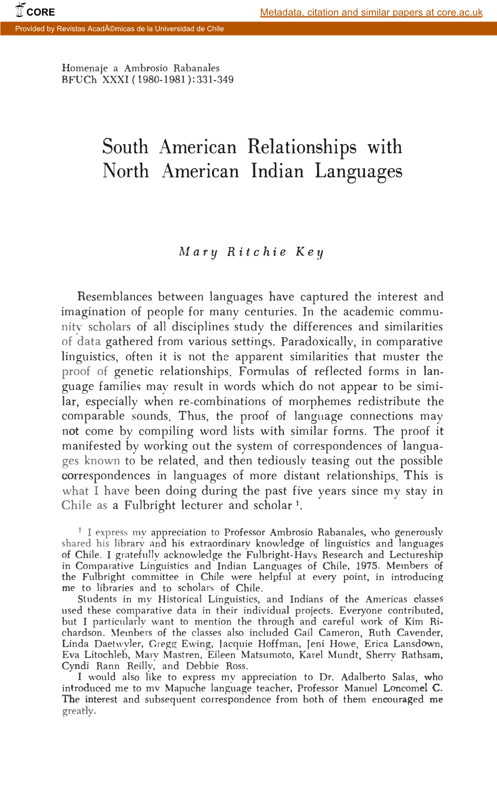 South American Relationships with N Orth American Indian Languages