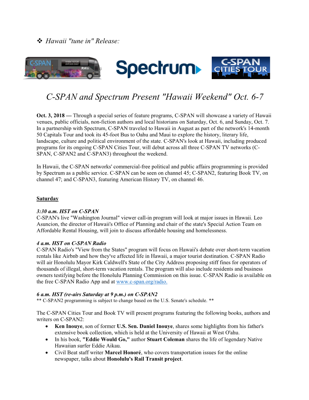 C-SPAN and Spectrum Present "Hawaii Weekend" Oct