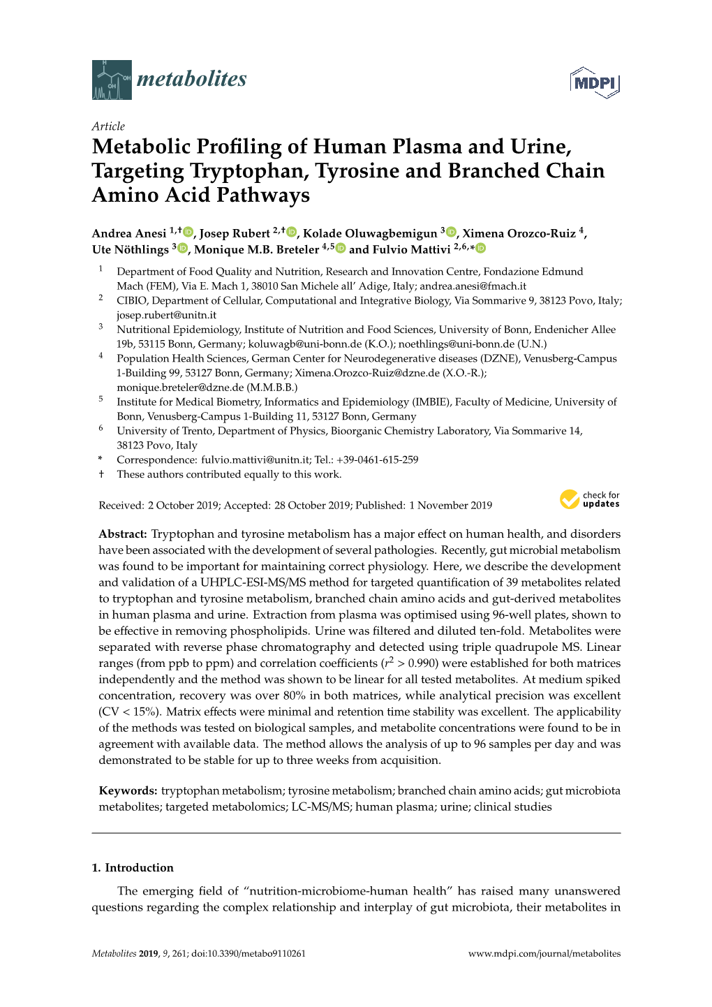 Metabolic Profiling of Human Plasma and Urine, Targeting Tryptophan