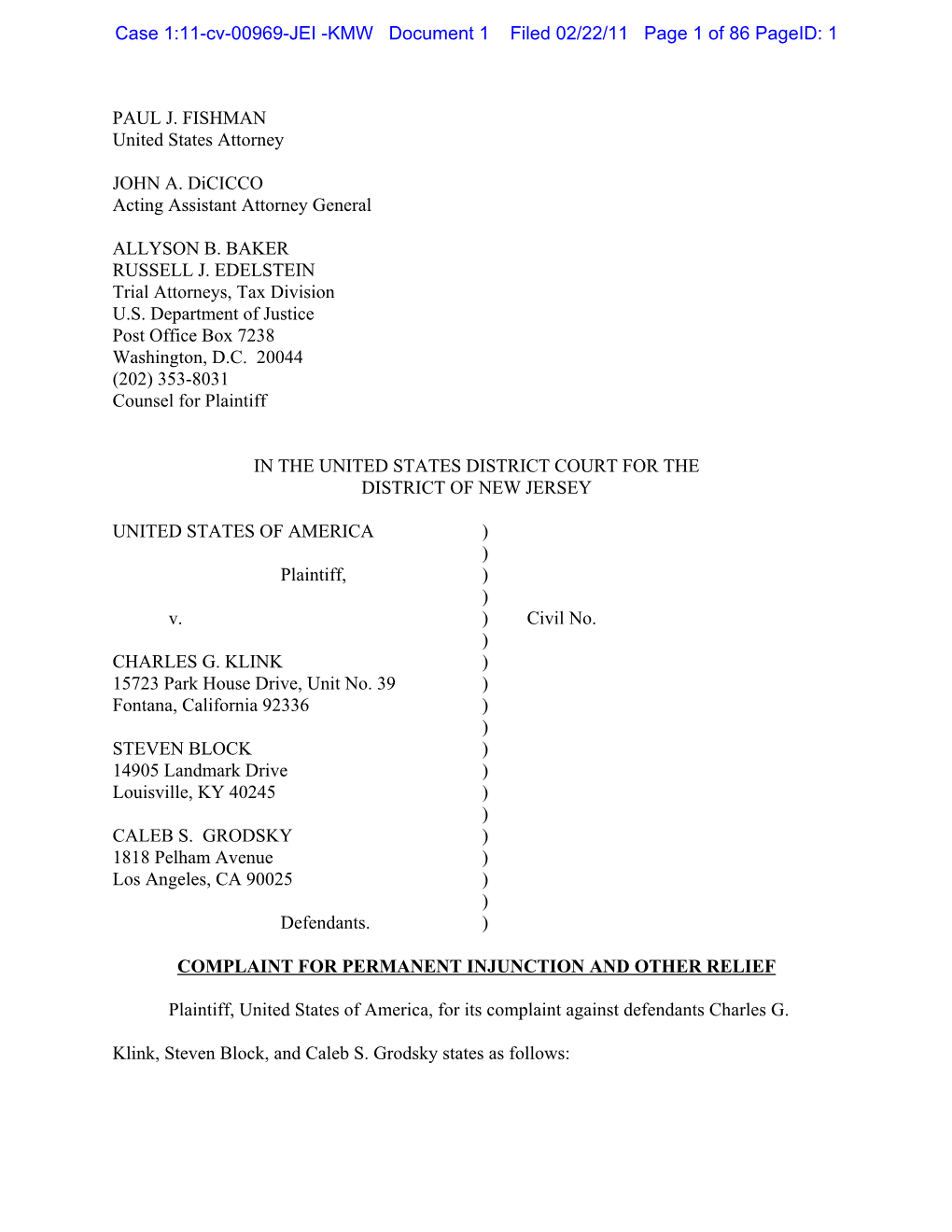 KMW Document 1 Filed 02/22/11 Page 1 of 86 Pageid: 1