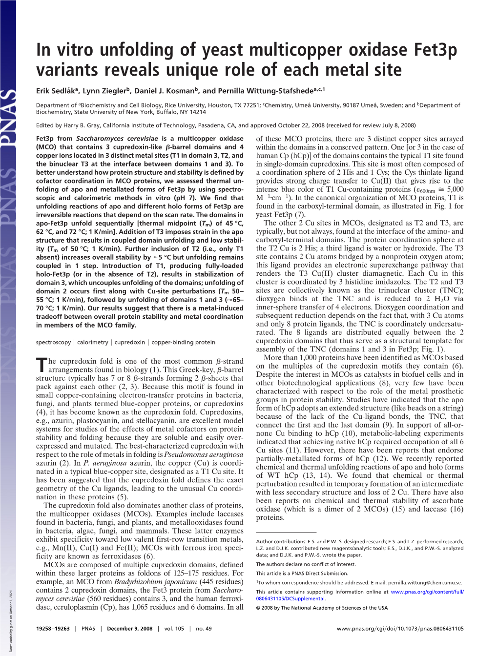 In Vitro Unfolding of Yeast Multicopper Oxidase Fet3p Variants Reveals Unique Role of Each Metal Site