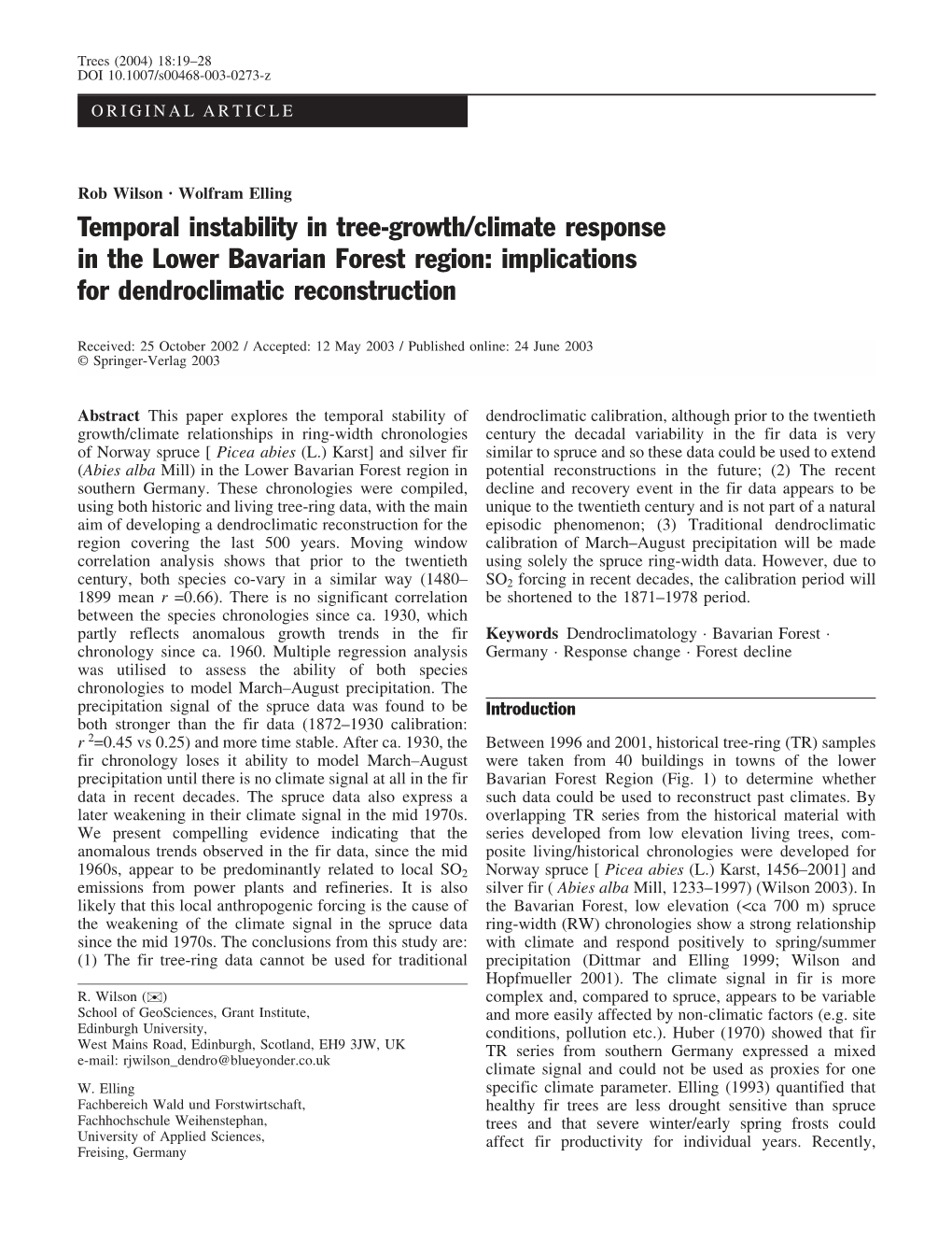 Temporal Instability in Tree-Growth/Climate Response in the Lower Bavarian Forest Region: Implications for Dendroclimatic Reconstruction