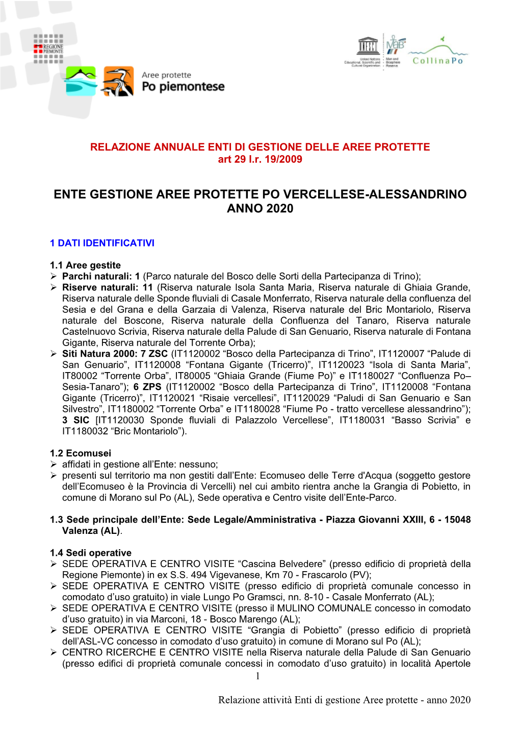 Ente Gestione Aree Protette Po Vercellese-Alessandrino Anno 2020