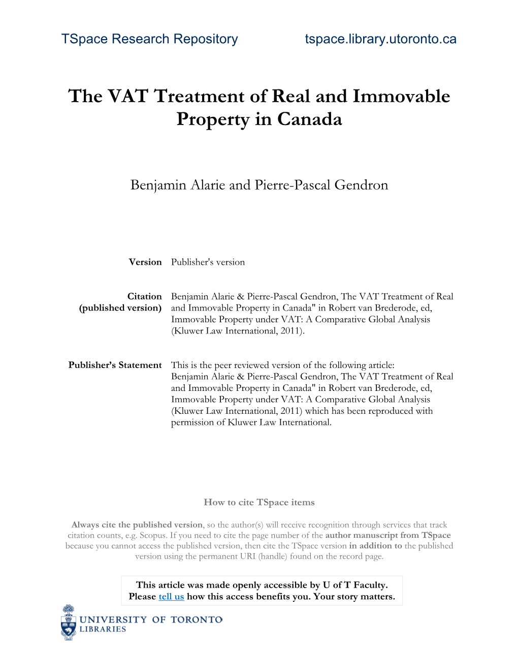 The VAT Treatment of Real and Immovable Property in Canada