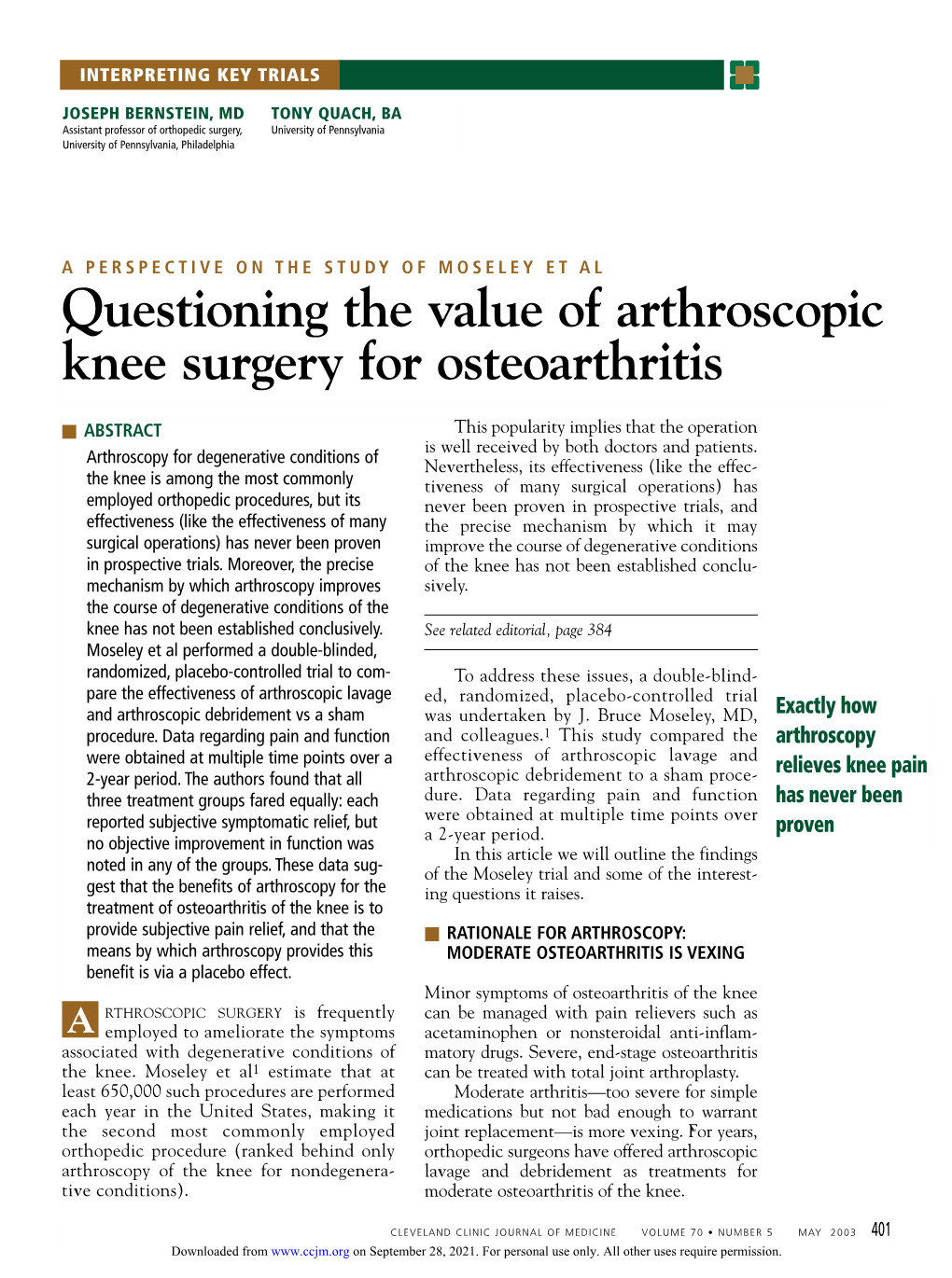 Questioning the Value of Arthroscopic Knee Surgery for Osteoarthritis