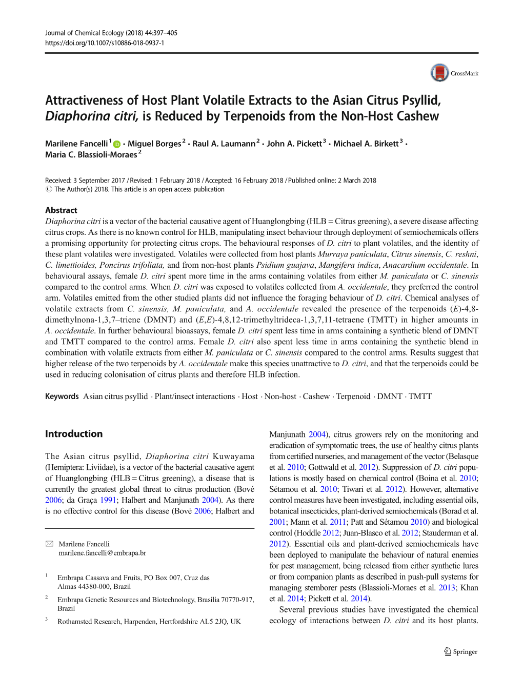 Attractiveness of Host Plant Volatile Extracts to the Asian Citrus Psyllid, Diaphorina Citri, Is Reduced by Terpenoids from the Non-Host Cashew