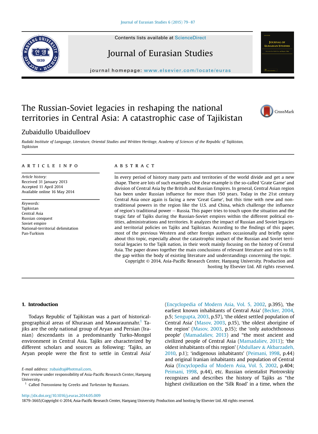 The Russian-Soviet Legacies in Reshaping the National Territories in Central Asia: a Catastrophic Case of Tajikistan