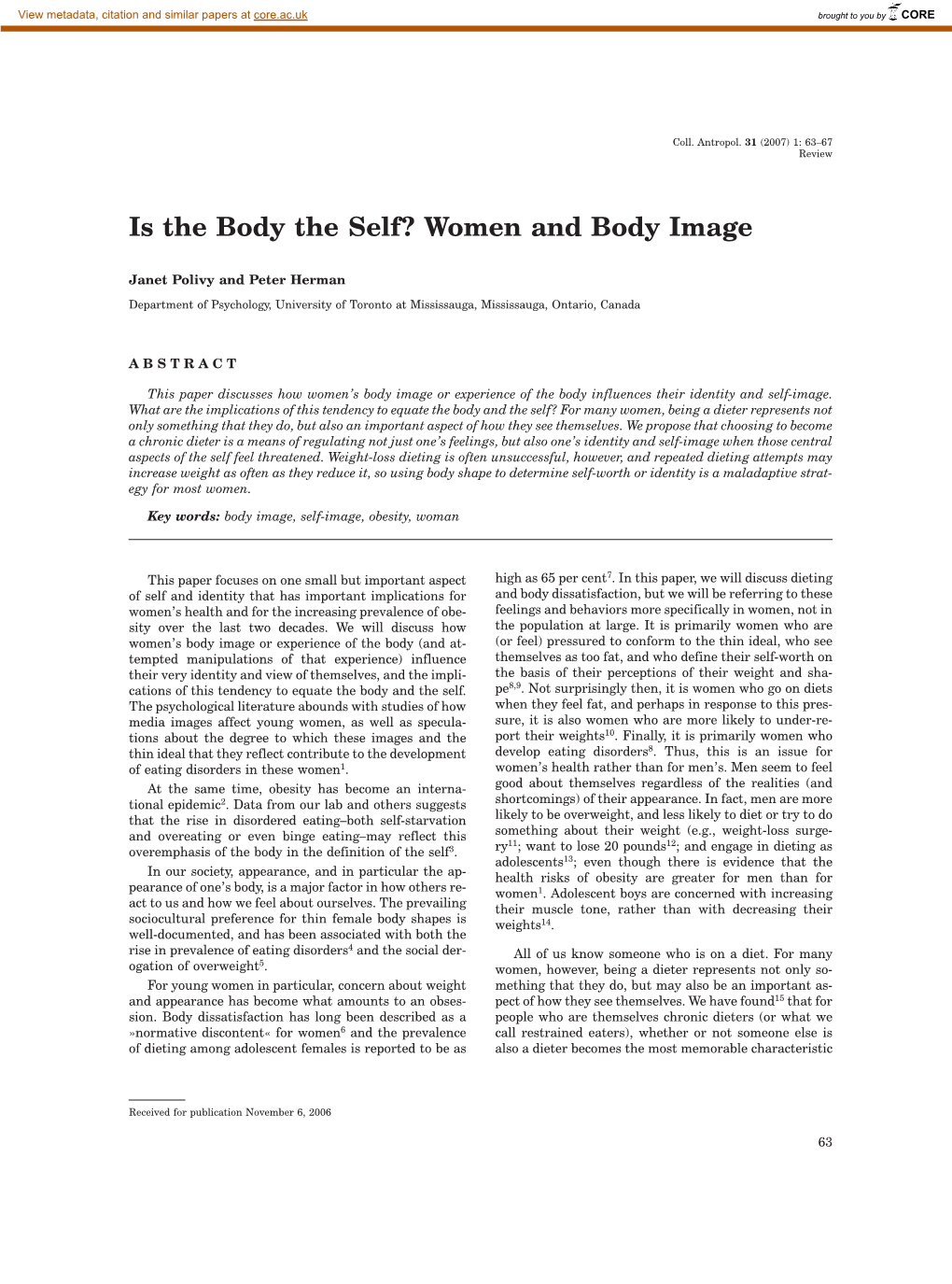 Is the Body the Self? Women and Body Image