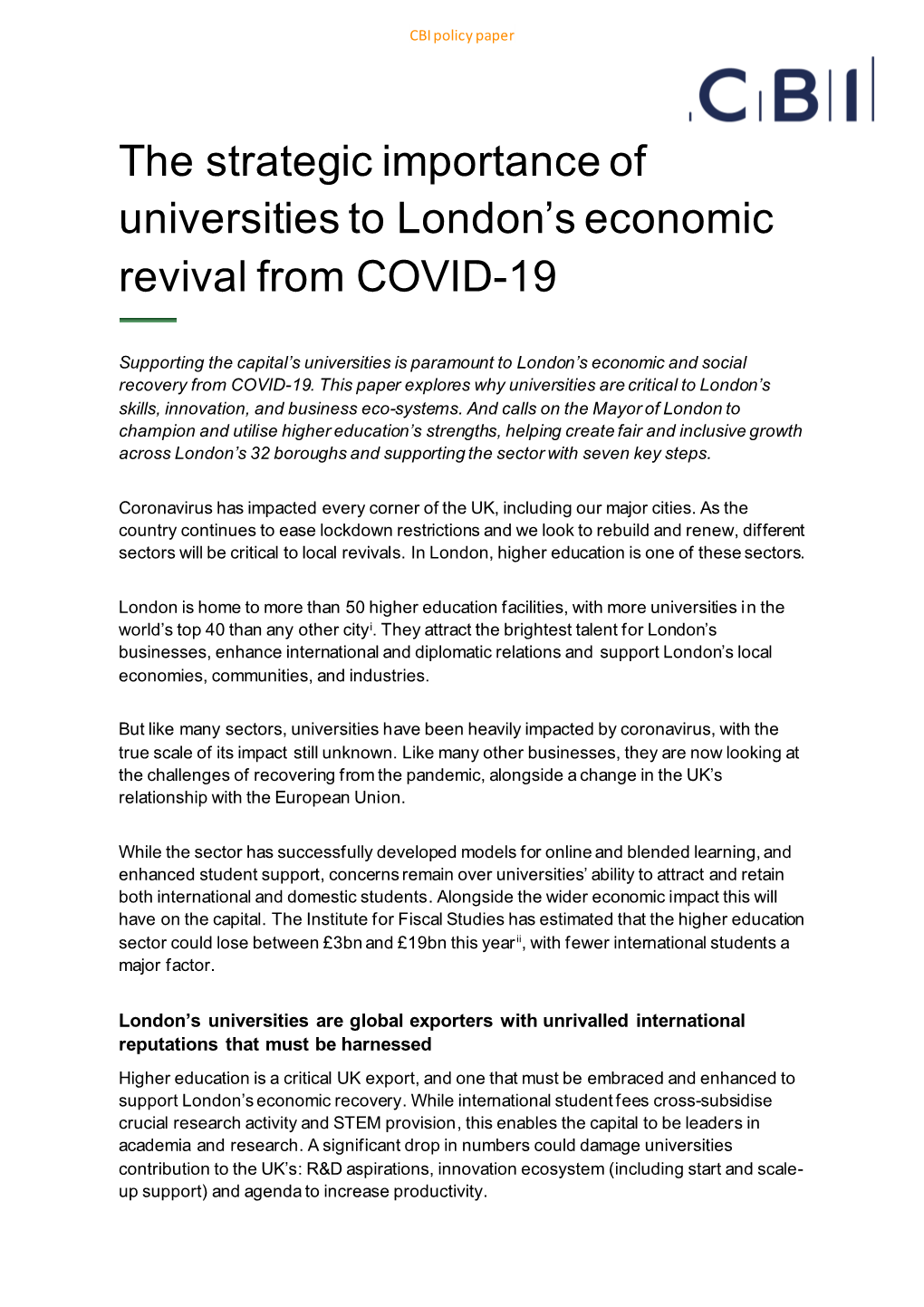 The Strategic Importance of Universities to London's Economic