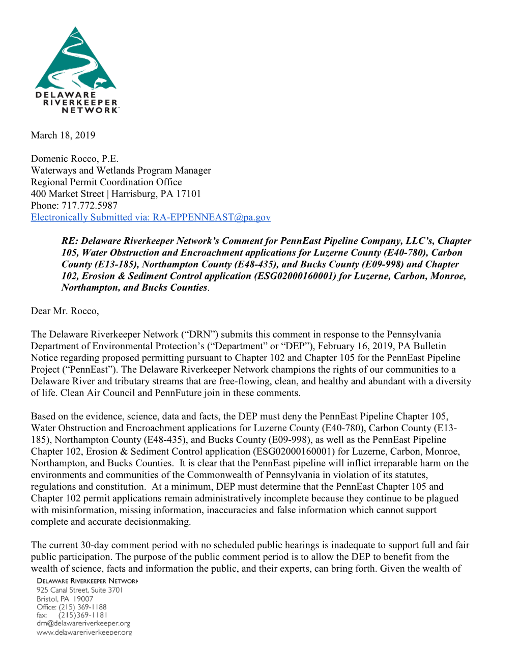 March 18, 2019 Domenic Rocco, P.E. Waterways and Wetlands Program Manager Regional Permit Coordination Office 400 Market Street