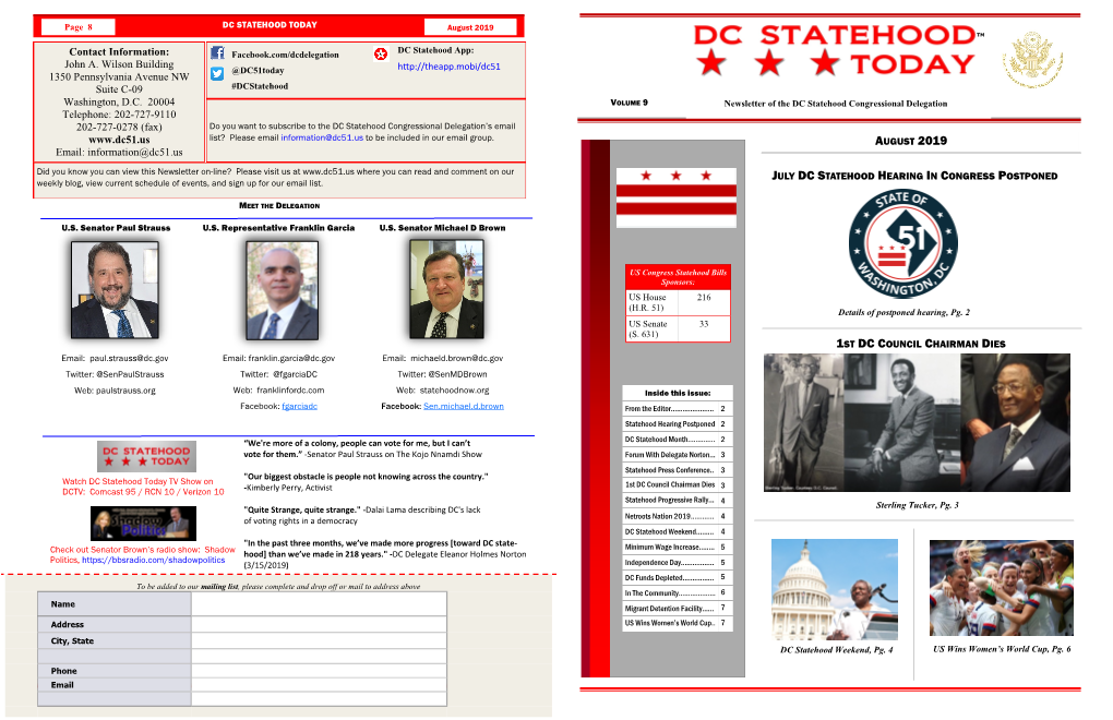 DC STATEHOOD TODAY August 2019 TM DC Statehood App: DC Statehood Contact Information: Facebook.Com/Dcdelegation John A