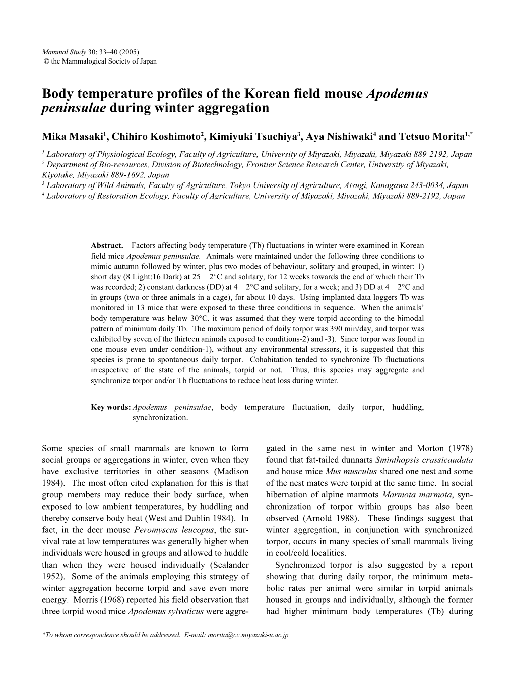 Body Temperature Profiles of the Korean Field Mouse Apodemus Peninsulae During Winter Aggregation