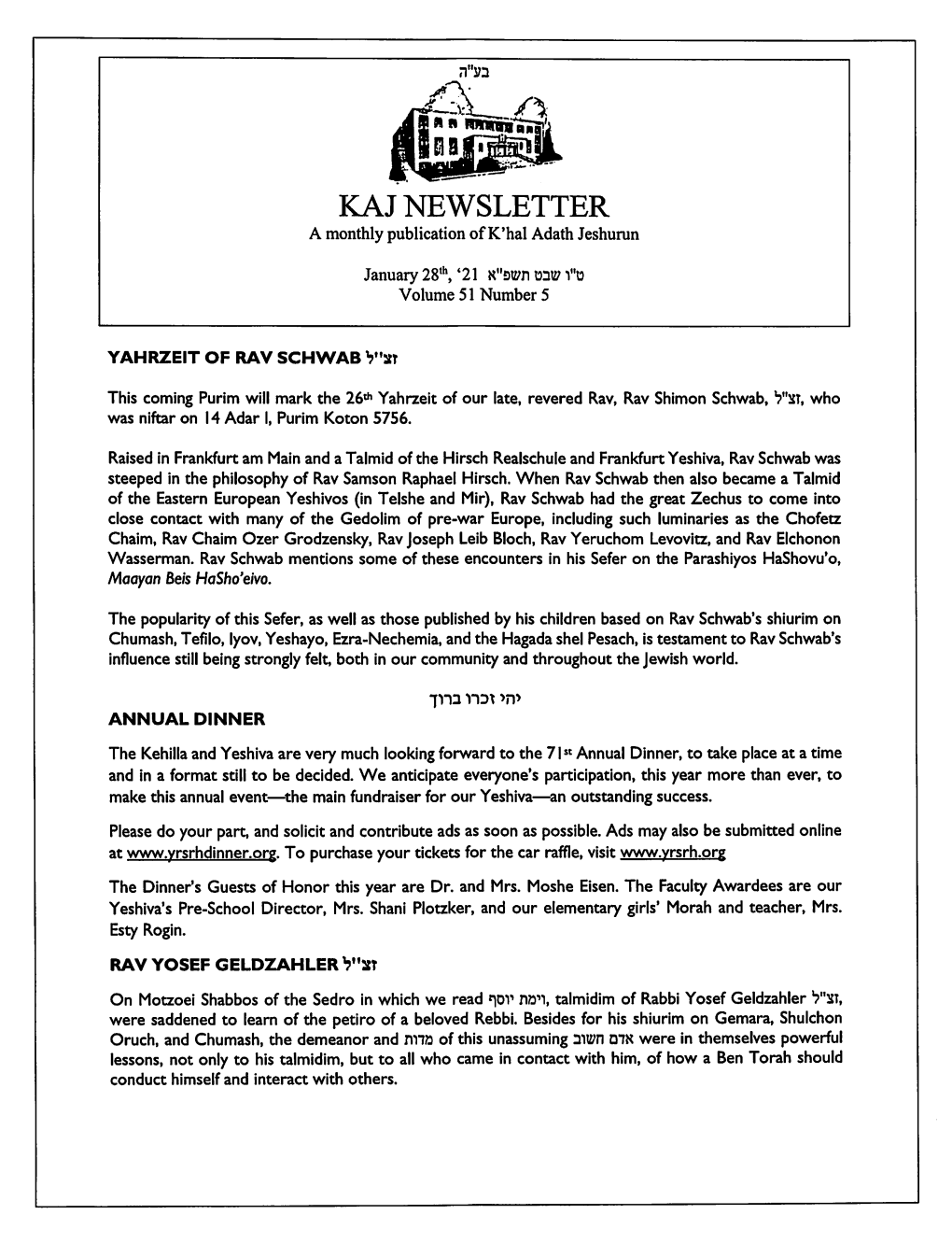 KAJ NEWSLETTER a Monthly Publication of K'hal Adath Jeshurun