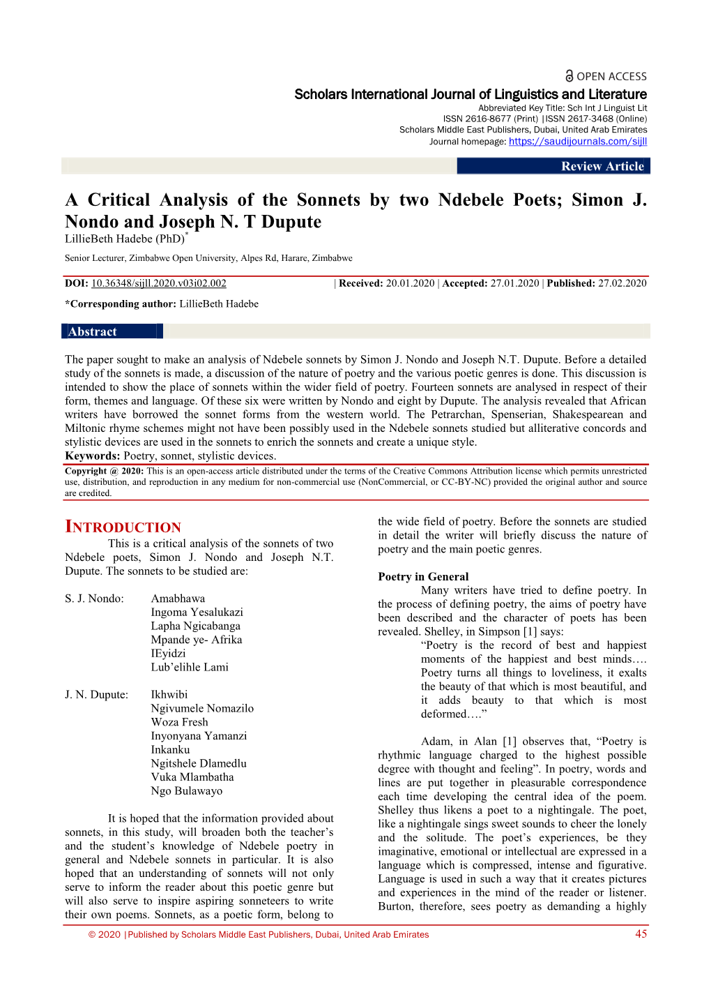 A Critical Analysis of the Sonnets by Two Ndebele Poets; Simon J