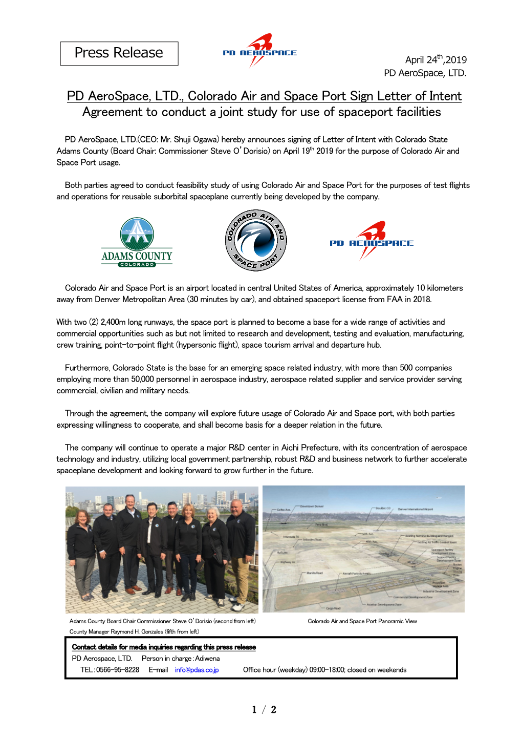 PD Aerospace, LTD., Colorado Air and Space Port Sign Letter of Intent Agreement to Conduct a Joint Study for Use of Spaceport Facilities