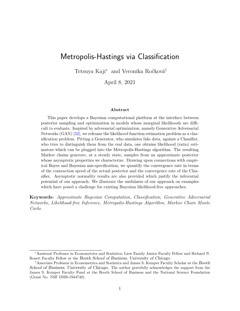 Metropolis-Hastings Via Classification