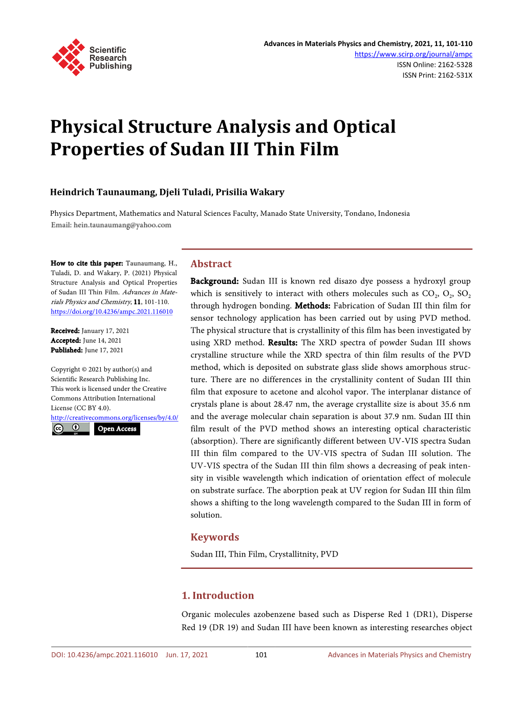 Physical Structure Analysis and Optical Properties of Sudan III Thin Film