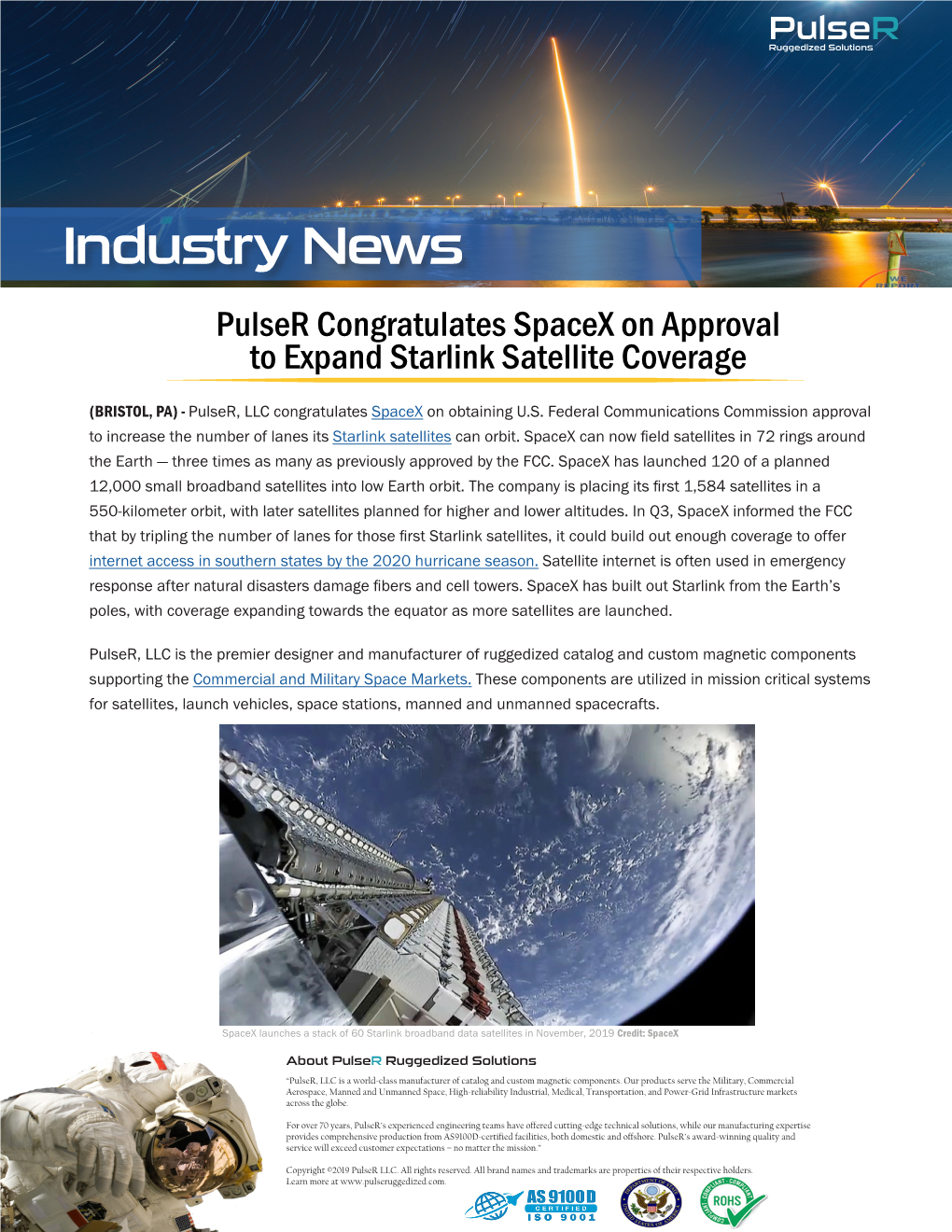 Industry News Pulser Congratulates Spacex on Approval to Expand Starlink Satellite Coverage