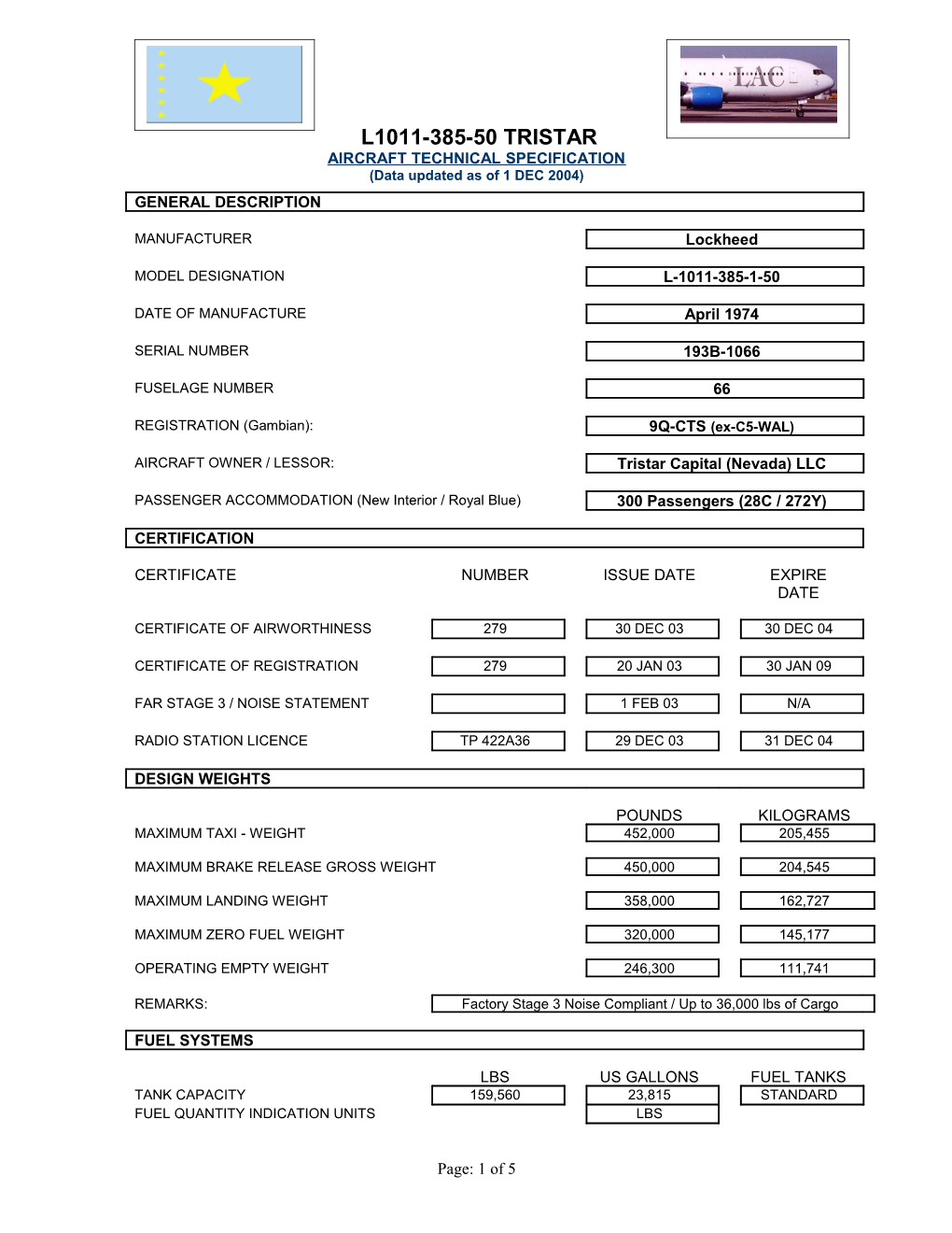 Aircraft Technical Specification