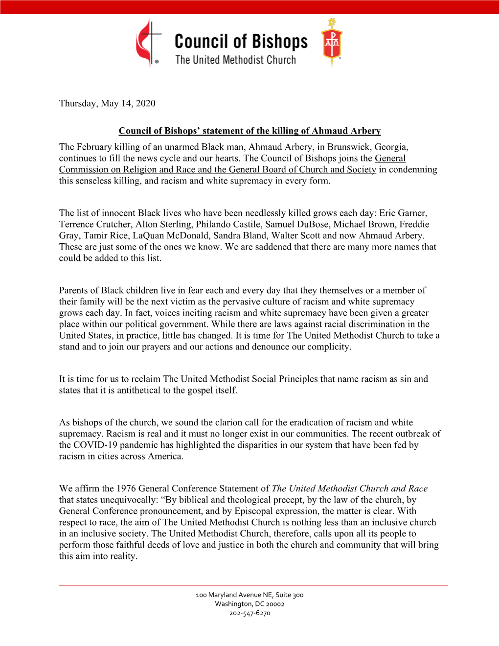 Thursday, May 14, 2020 Council of Bishops' Statement of the Killing Of