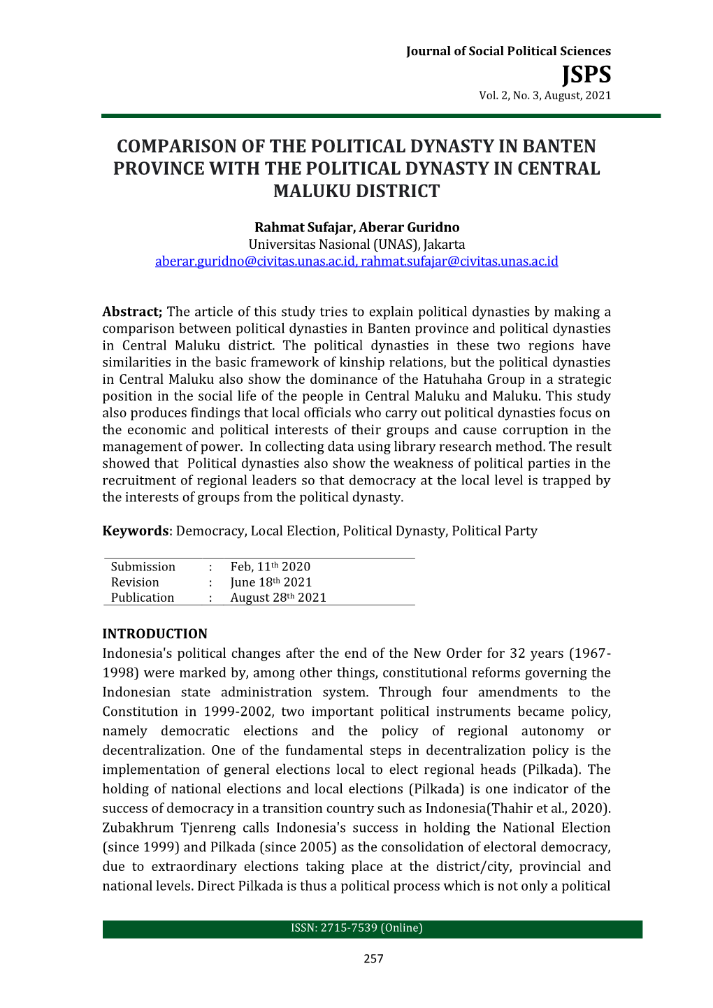 Comparison of the Political Dynasty in Banten Province with the Political Dynasty in Central Maluku District