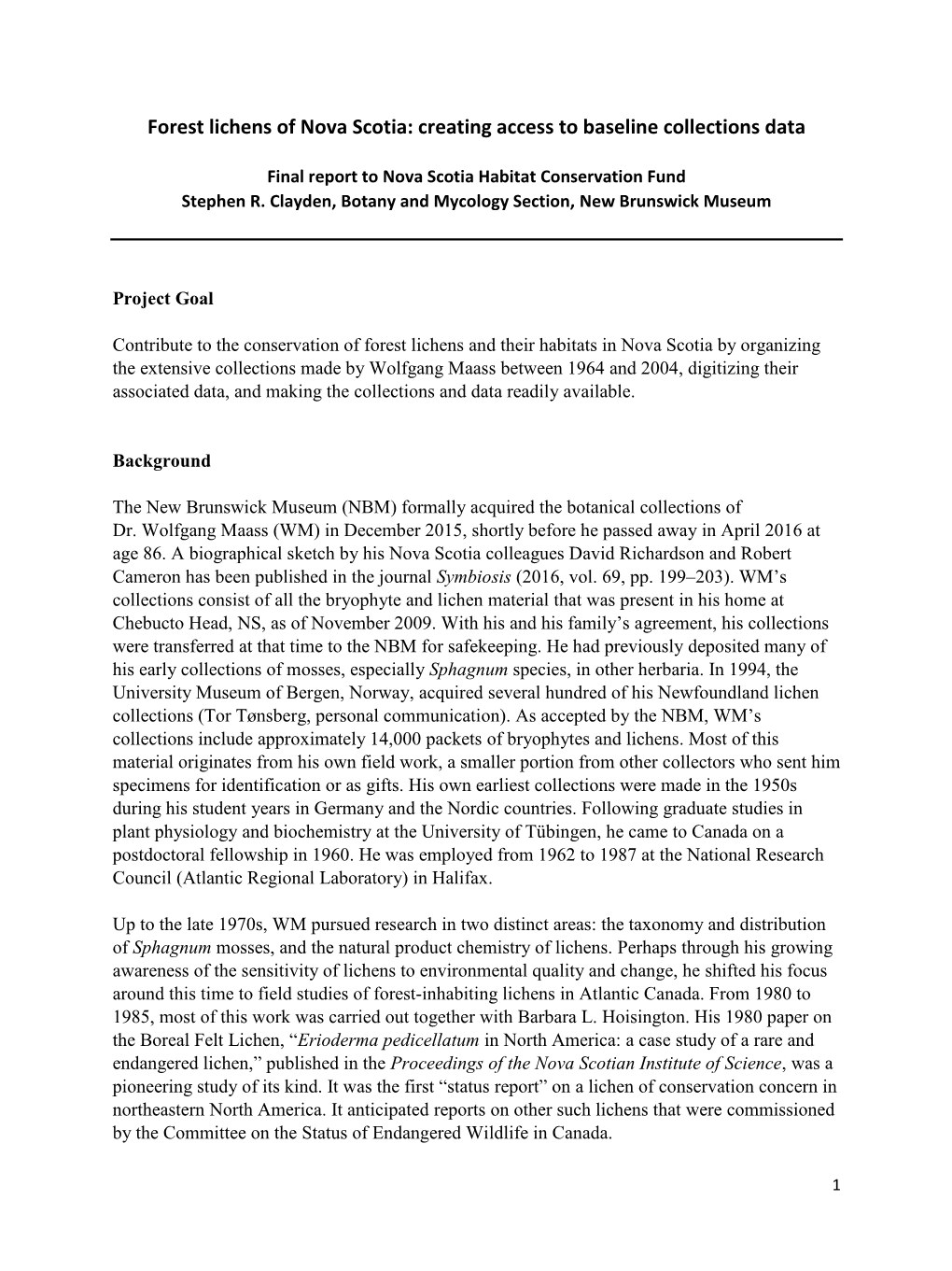 Forest Lichens of Nova Scotia: Creating Access to Baseline Collections Data