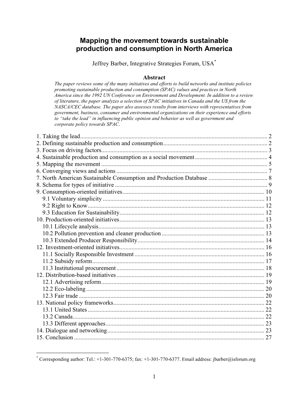 Mapping the Movement Towards Sustainable Production and Consumption in North America