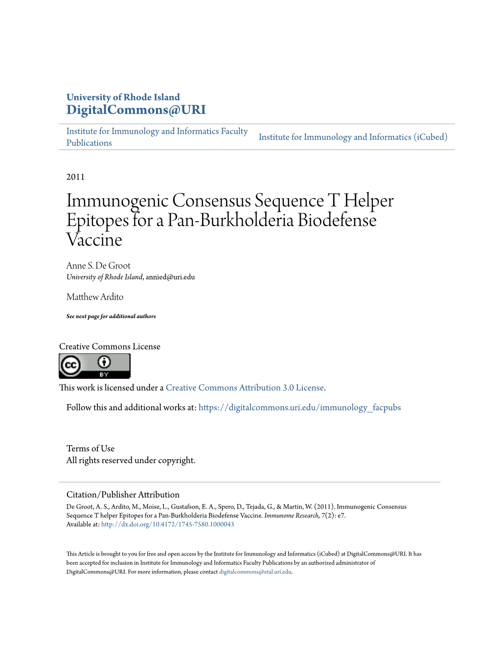 Immunogenic Consensus Sequence T Helper Epitopes for a Pan-Burkholderia Biodefense Vaccine Anne S
