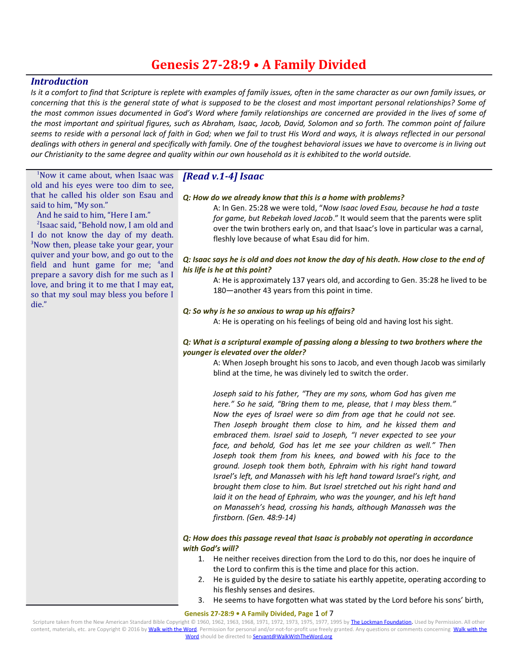 Genesis 27-28:9 a Family Divided