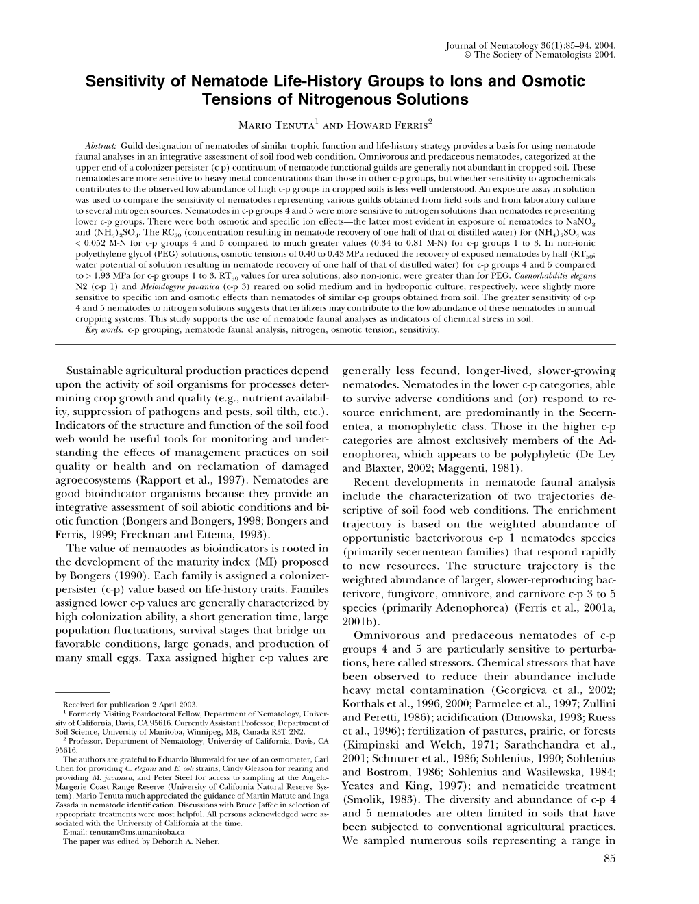 Sensitivity of Nematode Life-History Groups to Ions and Osmotic Tensions of Nitrogenous Solutions