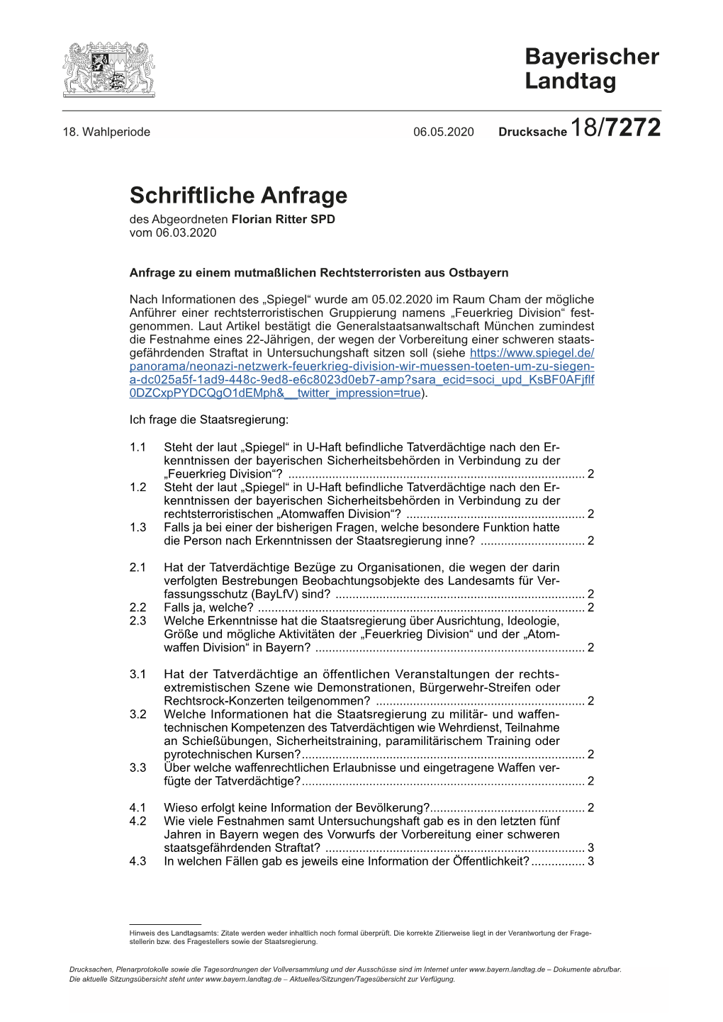 Schriftliche Anfrage Des Abgeordneten Florian Ritter SPD Vom 06.03.2020