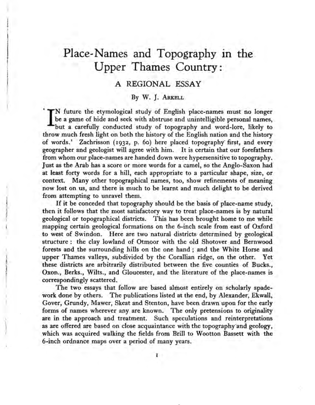 Place~Names and Topography in the Upper Thames Country: a REGIONAL ESSAY