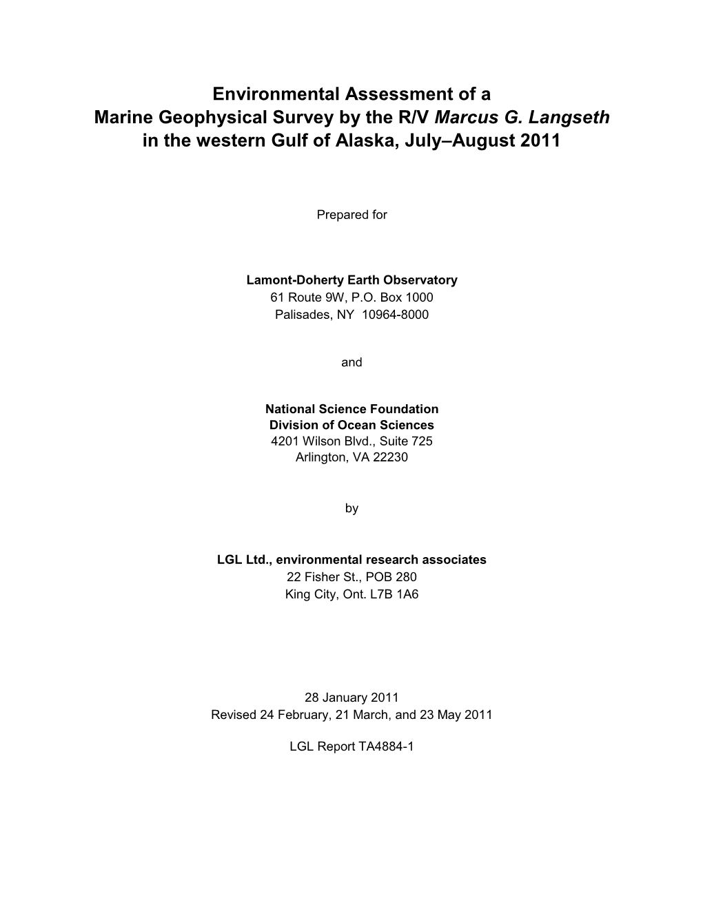EA of the 2011 Gulf of Alaska/Shumagin Islands Survey