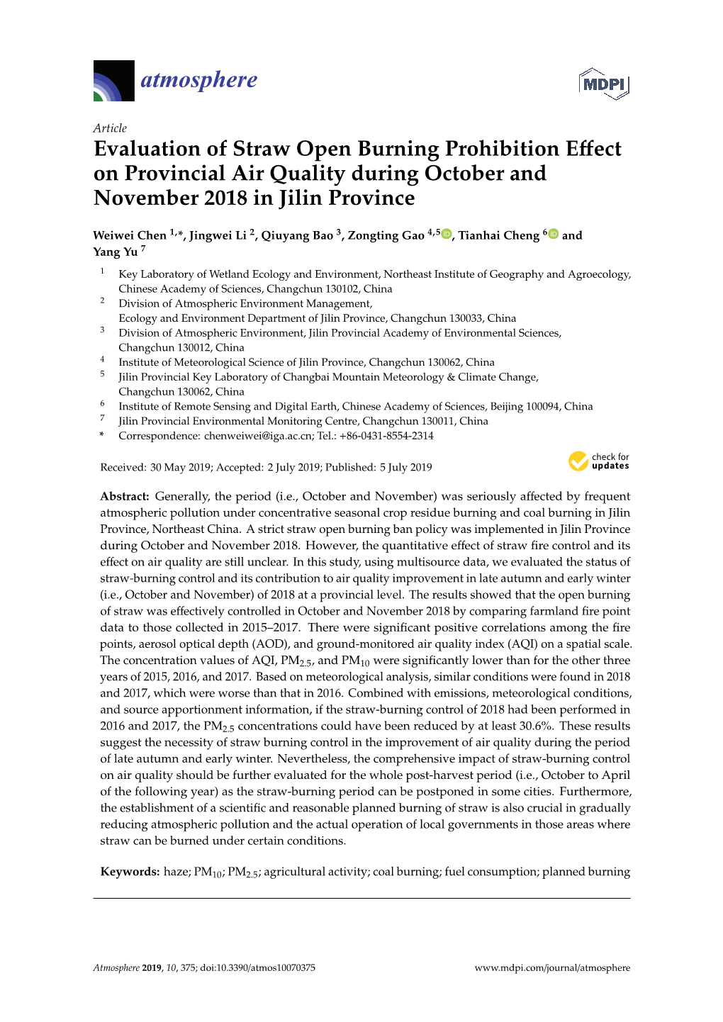 Evaluation of Straw Open Burning Prohibition Effect on Provincial Air Quality During October and November 2018 in Jilin Province