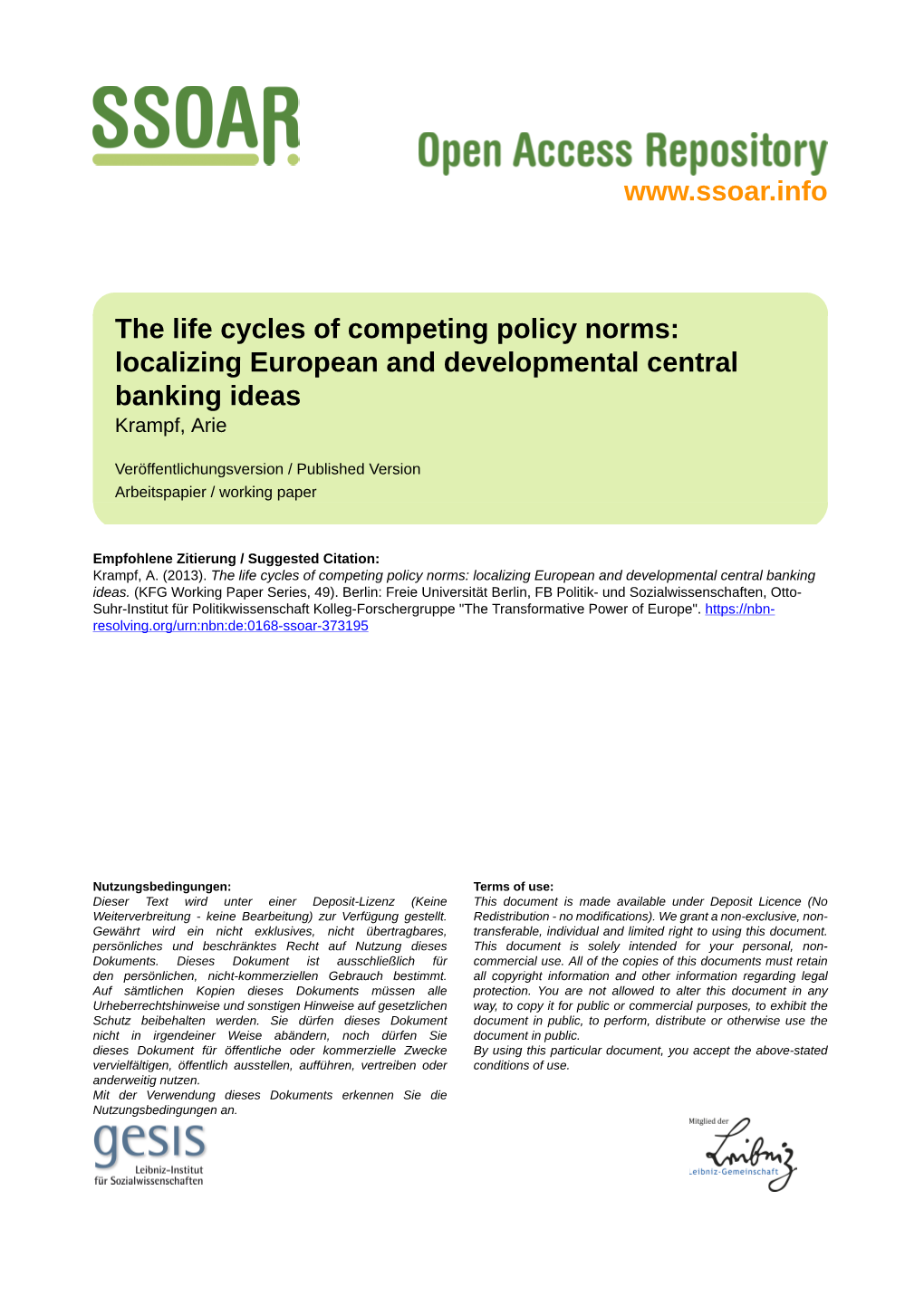 The Life Cycles of Competing Policy Norms: Localizing European and Developmental Central Banking Ideas Krampf, Arie