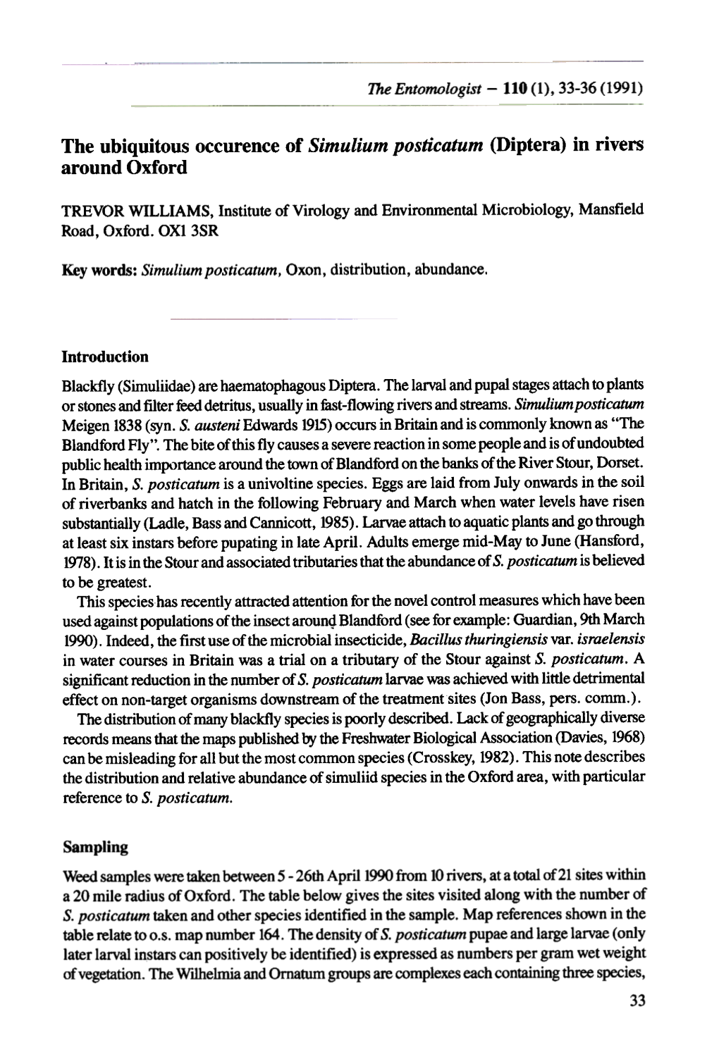 The Ubiquitous Occurence of Simulium Posticatum (Diptera) in Rivers Around Oxford