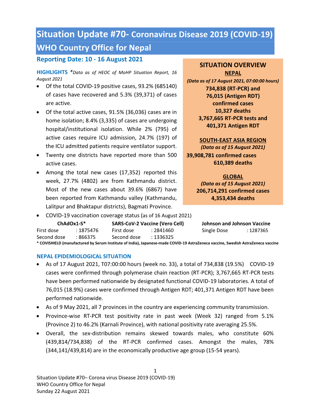 Situation Update #70- Coronavirus Disease 2019 (COVID