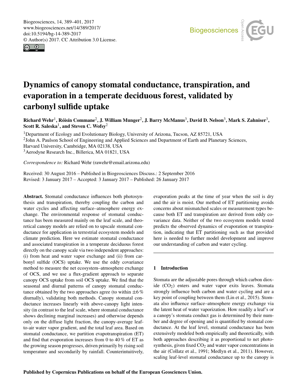 Dynamics of Canopy Stomatal Conductance, Transpiration, and Evaporation in a Temperate Deciduous Forest, Validated by Carbonyl Sulﬁde Uptake