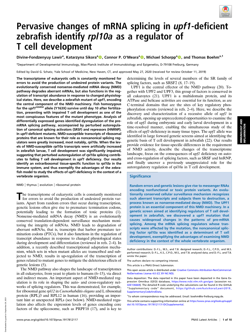 Pervasive Changes of Mrna Splicing in Upf1-Deficient Zebrafish Identify Rpl10a As a Regulator of T Cell Development