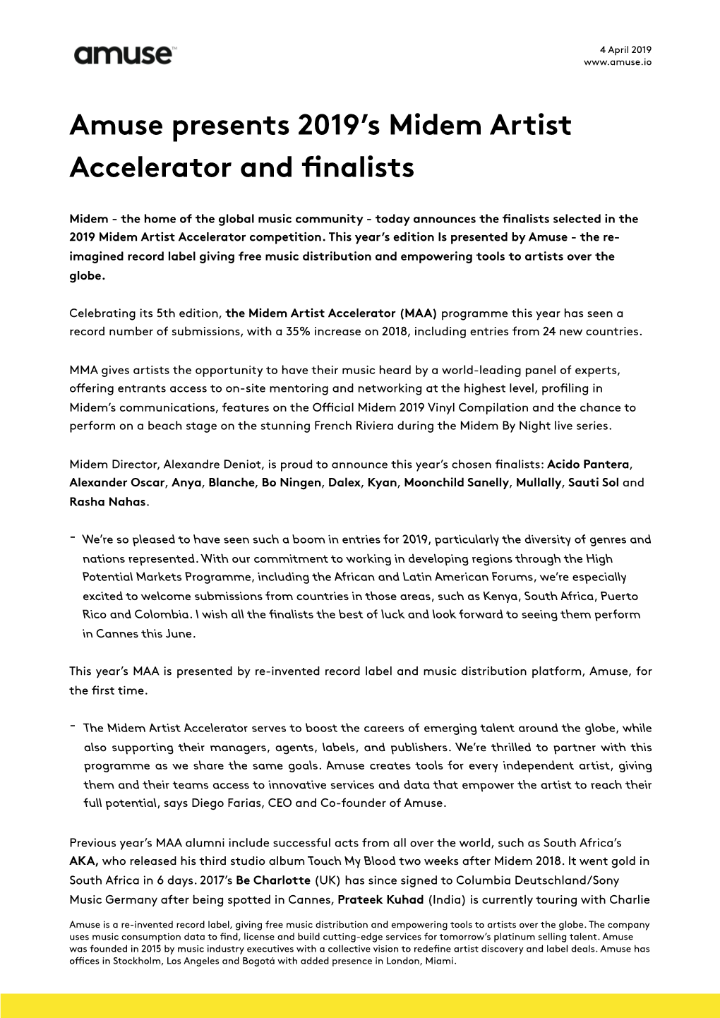 Midem Artist Accelerator 2019 Amuse Press Release